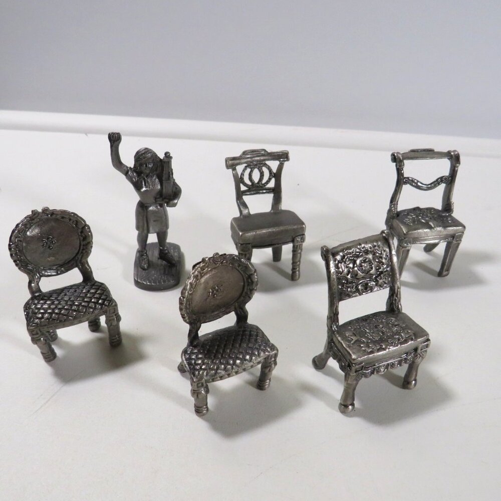 Miniature Pewter (5) Chairs & Lady Woman Figure 2" tall by Sixtrees Ltd